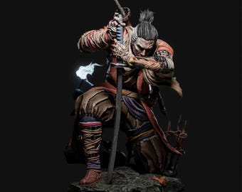Puede incluir: Figura detallada de un guerrero arrodillado con vestimenta tradicional japonesa, sosteniendo una katana. La figura está vestida con ropa marrón y roja, con detalles intrincados en la armadura y el arma. La base es un terreno rocoso.