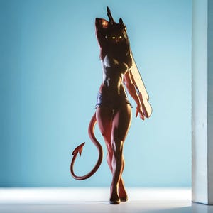 Puede incluir: Figura 3D detallada de un demonio femenino con una cola larga y curvada y cuernos. La figura lleva un atuendo oscuro y tiene ojos amarillos brillantes. El fondo es un degradado de azul claro.