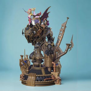 May include: A detailed figurine featuring a character riding a mechanical construct. The figurine has a black, gold, and bronze color scheme with intricate detailing. A female character with pink and yellow hair sits atop the construct, which has wings and steampunk-inspired elements. The base is also detailed.