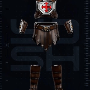 May include: A He-Man Masters of the Universe costume set featuring a silver chest plate with a red cross emblem, brown bracers, a brown skirt with a circular buckle, and brown boots. The items are displayed against a dark background with text.