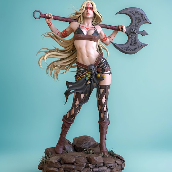 Savage Barbarian Queen STL – Wild Female Warrior | Tribal Battle Heroine STL | Action Pose 3D Print Figurine | Digital Download