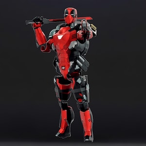 May include: A red and black action figure of a superhero in a combat suit, holding a sword and a gun. The figure has a mask with white eyes and a red and black colour scheme. The figure is standing on a dark surface.