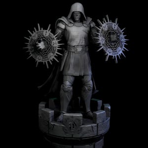 May include: A gray statue of a hooded figure holding two circular shields with spiky edges and intricate designs. The figure is standing on a stone structure with a crest. The statue is set against a black background.