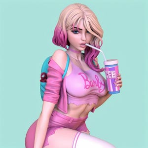 May include: A 3D rendered figure of a woman with blonde and pink hair, wearing a pink outfit with the word "Barby" on the top. She holds a drink with the word "ICE" on it. A blue backpack is on her back.