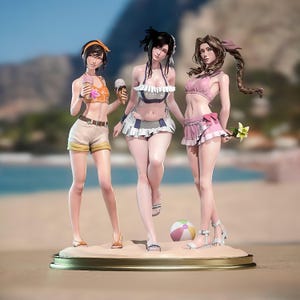 May include: A figurine depicting three women in swimwear on a beach setting. The women are in various poses, with one holding an ice cream cone and another holding a flower. The base is a sandy color with a gold trim, and a beach ball is on the sand.