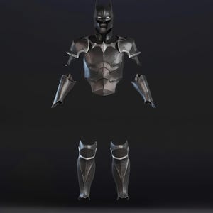 May include: A dark grey superhero costume, comprising a cowl, chest armour, arm guards, and leg armour. The chest piece features a bat symbol. The armour appears to be made of a metallic material.