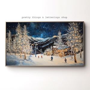 May include: A painting of a snowy mountain scene with skiers on a slope. The sky is dark blue with stars and the trees are covered in snow. There are lights on the trees and buildings in the distance.