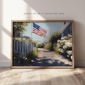 American Flag Cottage Wall Art | Coastal Hydrangea Digital Download | Patriotic Summer House Printable Decor