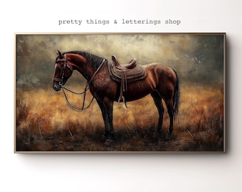 May include: A brown horse with a saddle stands in a field of tall grass. The horse is wearing a bridle and has a dark brown mane and tail.
