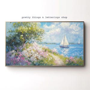 Spring Sailboat Painting Frame TV Art : Blue Water & Floral Landscape - Digital Download Samsung Frame