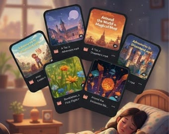 Può includere: Illustrazione per 50 storie della buonanotte. Un bambino dorme a letto, con schede di storie digitali fluttuanti. Il testo include "50 BEDTIME STORIES" e "Spark Imagination. Sweet Dreams". Download digitale immediato.