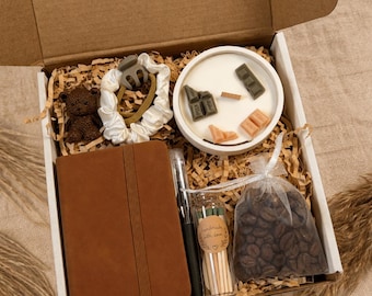 Cozy Self-Care Gift Box, Handmade Candle, Coffee Beans, Notebook, Hair Accessories