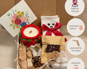 Strawberry Gift Box, Handmade Candle and Soap, Spa Gift for Her, Cute Self Care Box, Aesthetic Cozy Gift, New Mom gift box