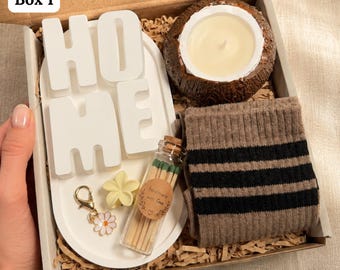HOME Decor Gift Box, Handmade Jewelry Tray, Coconut Candle, Coffee Candle, Cozy Gift Set, Housewarming Gift for Women
