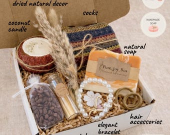 Mother's Day Self Care Gift Box, Handmade Candle, Natural Soap, Bracelet, Socks