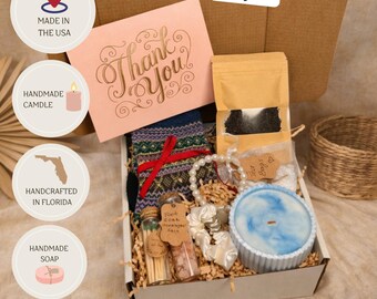 Handmade Spa Gift Box for Mom, Birthday Self Care Set, Candle, Socks, Tea