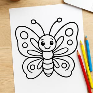 Può includere: Una pagina da colorare di farfalla in bianco e nero con un volto sorridente, su carta bianca. Tre matite colorate, rossa, gialla e blu, sono accanto alla carta. Una piccola pianta in vaso e un computer portatile sono sullo sfondo.