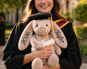 Personalized Graduation Bunny Class of 2026, Custom Embroidered Grad Bunny with Name,College Graduation Gift,Bunny with Cap Diploma Keepsake