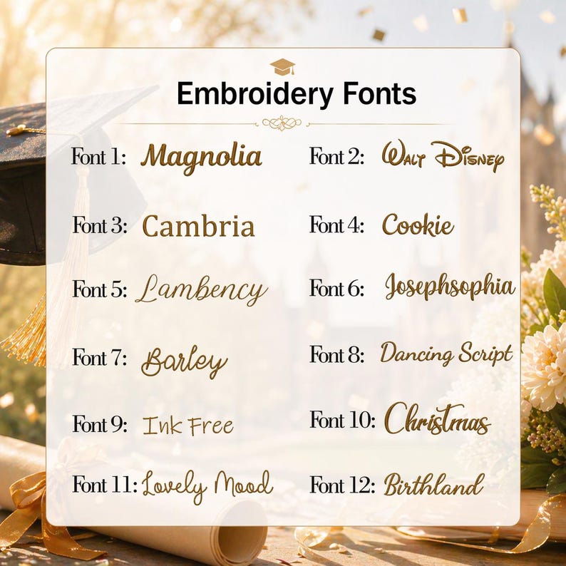 Puede incluir: Imagen que muestra 12 fuentes de bordado, incluyendo Magnolia, Walt Disney, Cambria, Cookie, Lambency, Josephsophia, Barley, Dancing Script, Ink Free, Christmas, Lovely Mood y Birthland. Las fuentes se muestran en color dorado.