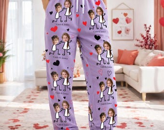 Pantalones de pijama personalizados con foto de pareja, pantalones de dormir con cara personalizada, pantalones de dormir para estar en casa, pantalones de pijama con foto, regalo de cumpleaños para él y para ella