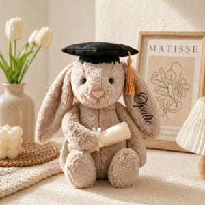 Puede incluir: Un peluche de conejo marr&oacute;n claro con un gorro de graduaci&oacute;n negro con borla dorada, sosteniendo un pergamino enrollado. El conejo tiene orejas largas y una nariz rosa. El nombre "Opalie" est&aacute; escrito en una oreja. Un estampado de Matisse enmarcado en el fondo.