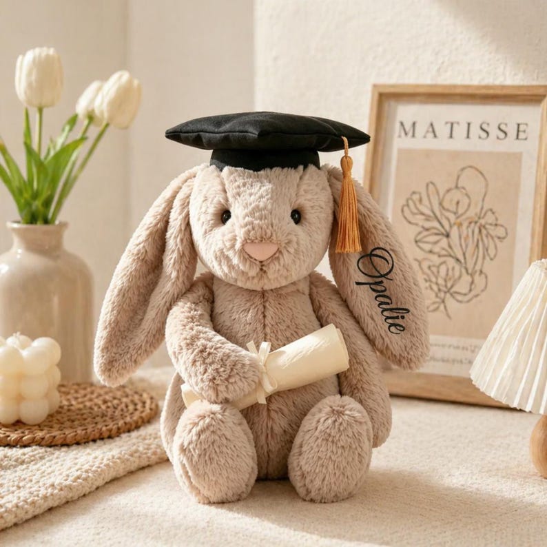 Puede incluir: Un peluche de conejo marr&oacute;n claro con un gorro de graduaci&oacute;n negro con borla dorada, sosteniendo un pergamino enrollado. El conejo tiene orejas largas y una nariz rosa. El nombre "Opalie" est&aacute; escrito en una oreja. Un estampado de Matisse enmarcado en el fondo.