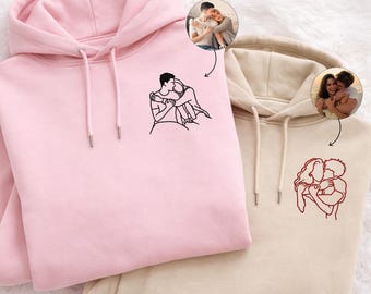 Custom Embroidered Couple Portrait From Photo Hoodie, Custom Outline Drawing Comfy Hoody, Gift For Husband or Girlfriend, Memorial Gift