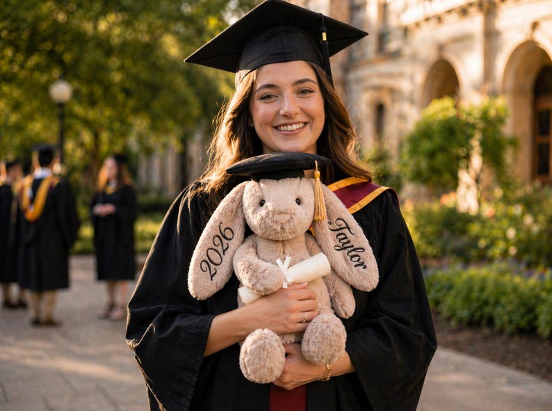 Puede incluir: Una graduada sonriente con birrete y toga negros sostiene un conejo de peluche con un gorro de graduaci&oacute;n en miniatura. El conejo beige tiene bordado "2026" y "Taylor". La graduada lleva una estola granate y dorada.