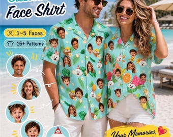 Camisa hawaiana personalizada con cara, camisa hawaiana personalizada para mascotas, camisa a juego para la familia, ropa de playa para parejas, regalo para él.
