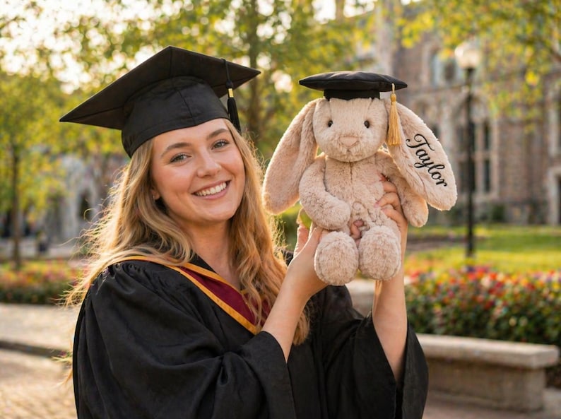 Puede incluir: Una graduada sonriente con birrete y toga negros sostiene un conejito de peluche con un gorro de graduaci&oacute;n en miniatura. El conejito es beige y tiene el nombre "Taylor" bordado en la oreja. El fondo muestra un campus universitario.