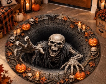 Runde Fußmatte mit 3D-Skelett-Motiv für Halloween, gruselige Skelett-Fußmatte, gotische Bodendekoration, Halloween-Geschenk, Herbstdeko