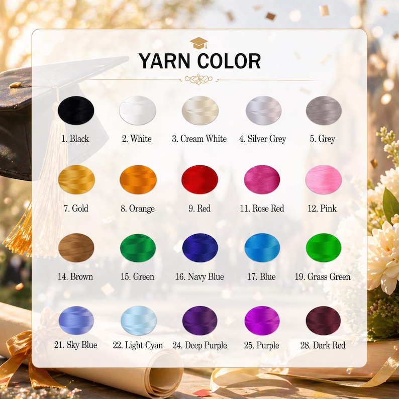 Puede incluir: Una carta de colores titulada "YARN COLOR" muestra 19 opciones de color de hilo, cada una con un n&uacute;mero y un nombre. Los colores van desde el negro y el blanco hasta el dorado, el rojo, el rosa y varias tonalidades de azul, verde y morado. La carta est&aacute; sobre un fondo borroso.