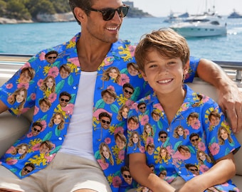 Camisa hawaiana personalizada con foto para papá, regalo del Día del Padre de parte de los niños, camisa Aloha personalizada con foto, camisa para vacaciones en la playa, camisas familiares