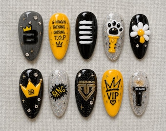 Kpop Concert Nails | Black Yellow 3D Crown, Daisy and Light Stick Art | Medium Almond for Kpop Fans