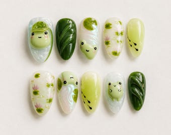 Druk op de nagels kawaii kikkervijver thema / 3D waterlelie ontwerp kikkervisje / schattig handgemaakte natuur Y2K nagelset
