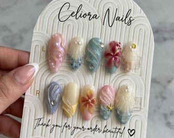 Uñas postizas con diseño de océano veraniego / Uñas postizas 3D con forma de estrella de mar / Diseño de uñas playeras hechas a mano con forma de almendra