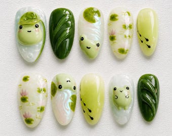 Kawaii Frog Press On Nails | Cottagecore Nails | Pastel Green Lily Pad Nails | 3D Iridescent Gel Nails | Short Almond Fake Nails for Spring