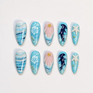 Mermaid Dolphin Press On Nails with Hibiscus, Bubbles & Seashell | Aqua Fake Nails in Long Almond | Vacation Nails