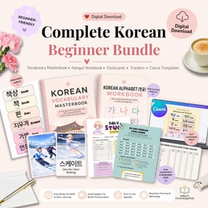 May include: A digital Korean language learning bundle featuring a vocabulary masterbook, alphabet workbook, flashcards, study trackers, and Canva templates. The set includes printable labels, a 30-day challenge sheet, and a spaced repetition tracker.