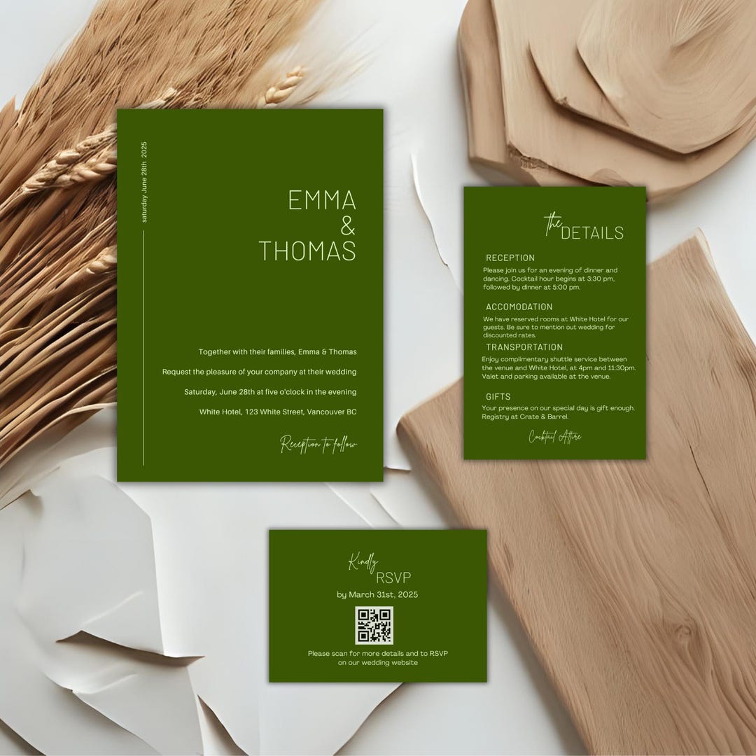 Minimal Olive Green Wedding Invitation Set Printable & Easytoedit