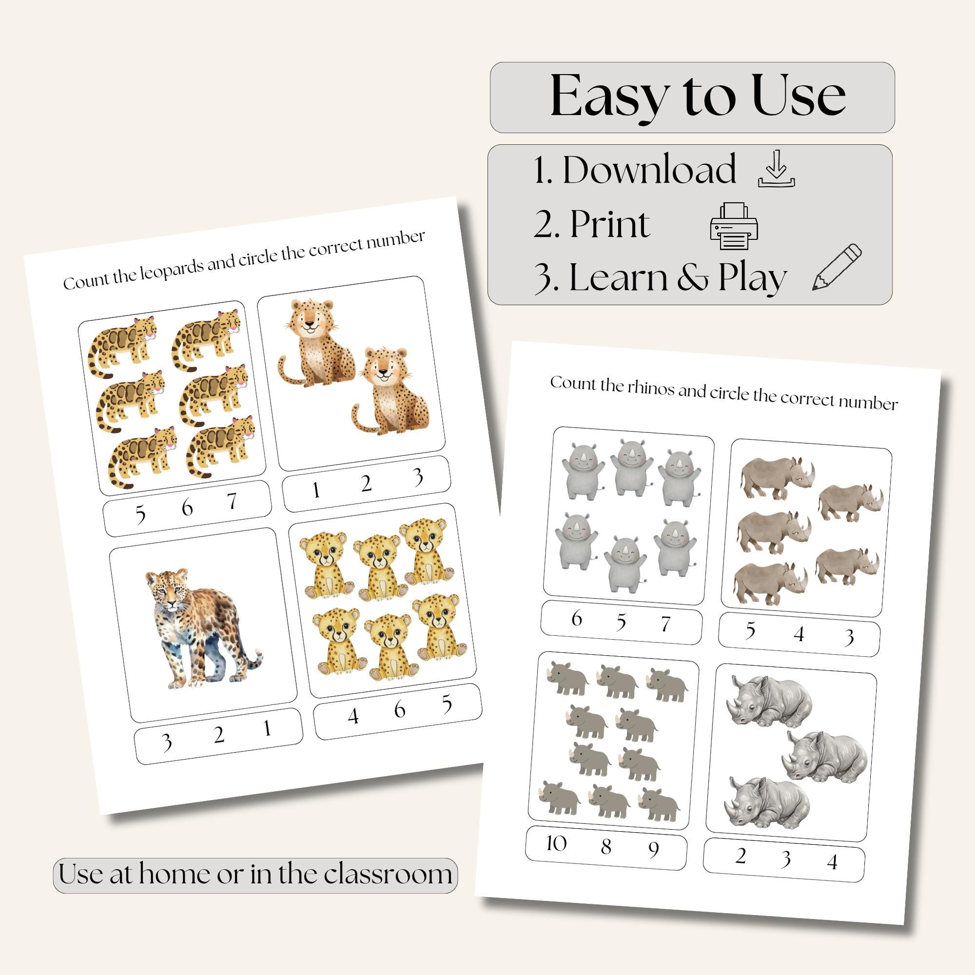 Wild Animals Counting Worksheets | Safari Animals Count & Circle ...