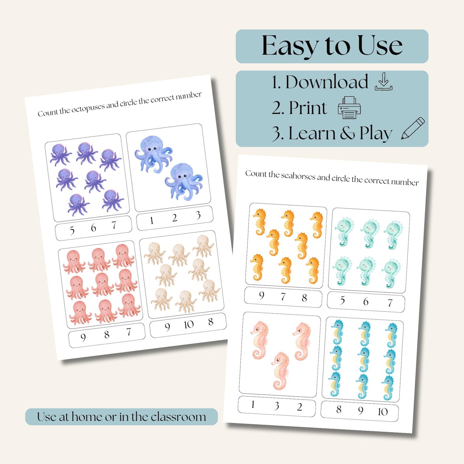 Ocean Animals Counting Worksheets | Count & Circle Numbers 1–10 ...