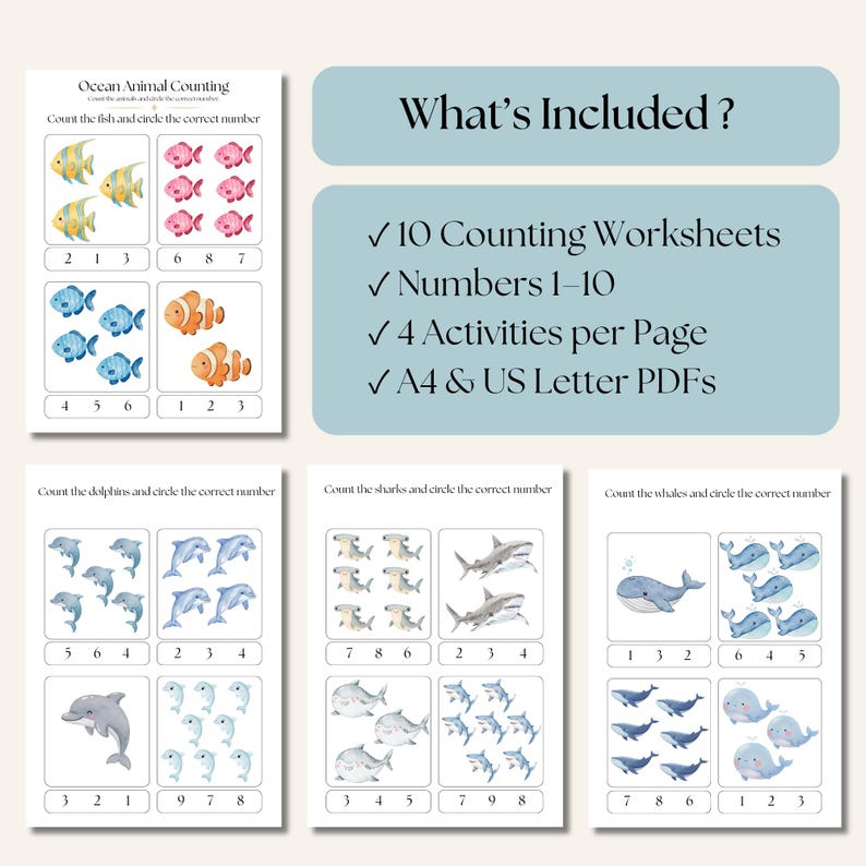Ocean Animals Counting Worksheets | Count & Circle Numbers 1–10 ...