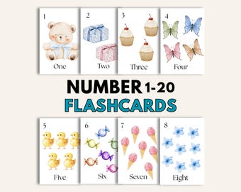 Number Flashcards 1-20 Printable, Counting Cards for Kids, Preschool Toddler Math, Montessori Learning Numbers PDF (20 Cards)