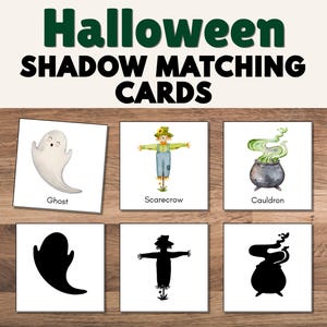 May include: Halloween Shadow Matching Cards featuring six square cards. The top row shows watercolor illustrations of a ghost, a scarecrow, and a cauldron with labels. The bottom row displays the corresponding black silhouettes for each item.