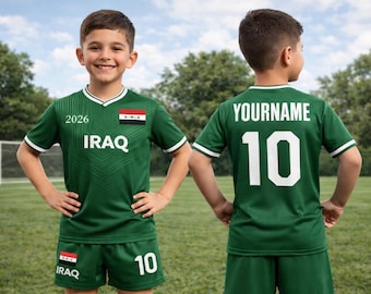 Customizable Iraq Soccer Jersey and Shorts Set, Personalized Football Kit, Green Fan Apparel