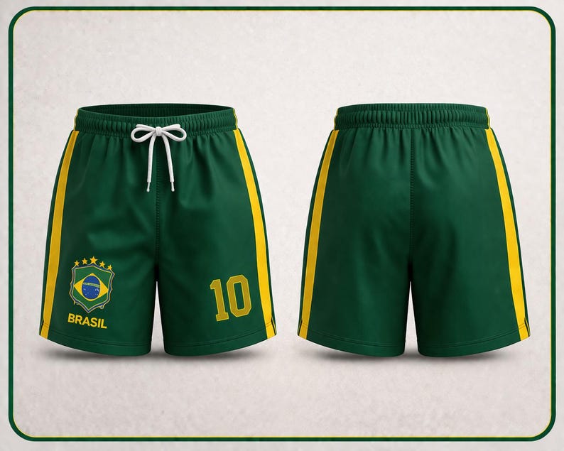 Op de afbeelding: Groene sportbroek met gele zijstrepen en een wit trekkoord. De shorts hebben het Braziliaanse vlagembleem en het nummer 10 in geel. Het woord "BRASIL" staat eronder gedrukt.