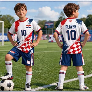 May include: A young person wearing a Croatian soccer uniform, featuring a white jersey with red and blue accents, the number 10, and the Croatian flag. The matching blue shorts also have the number 10. The person is standing on a soccer field.