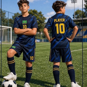 Op de afbeelding: Marineblauw voetbaltenue met een blauw en geel design. Het shirt heeft het woord "BRASIL" en het nummer "10" in geel. De shorts hebben ook het nummer "10". Inclusief marineblauwe sokken met gele strepen en witte voetbalschoenen.