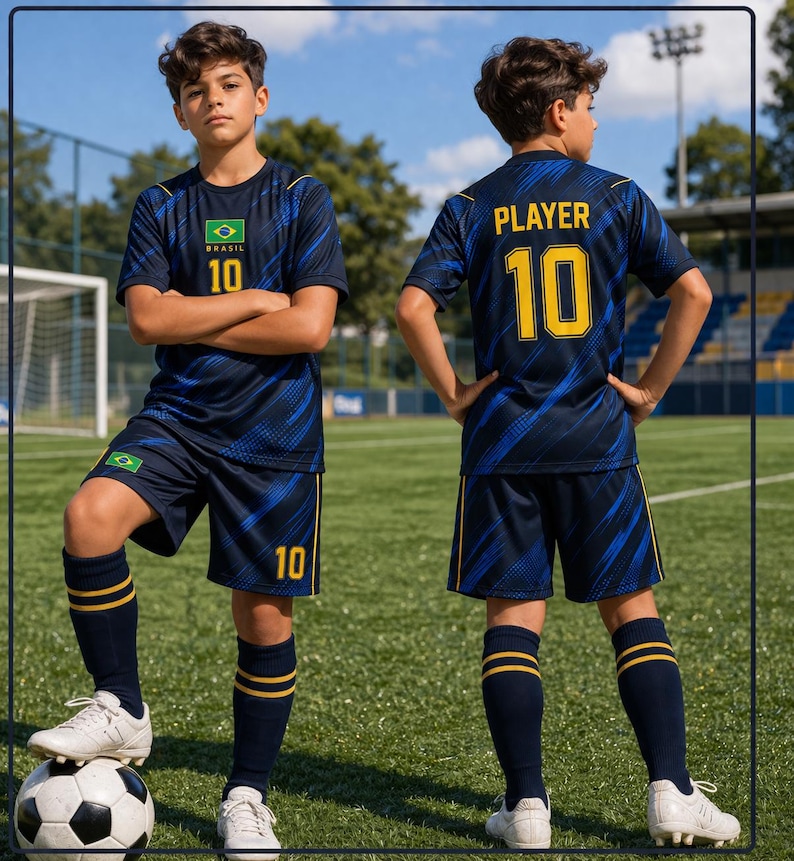Op de afbeelding: Marineblauw voetbaltenue met een blauw en geel design. Het shirt heeft het woord "BRASIL" en het nummer "10" in geel. De shorts hebben ook het nummer "10". Inclusief marineblauwe sokken met gele strepen en witte voetbalschoenen.